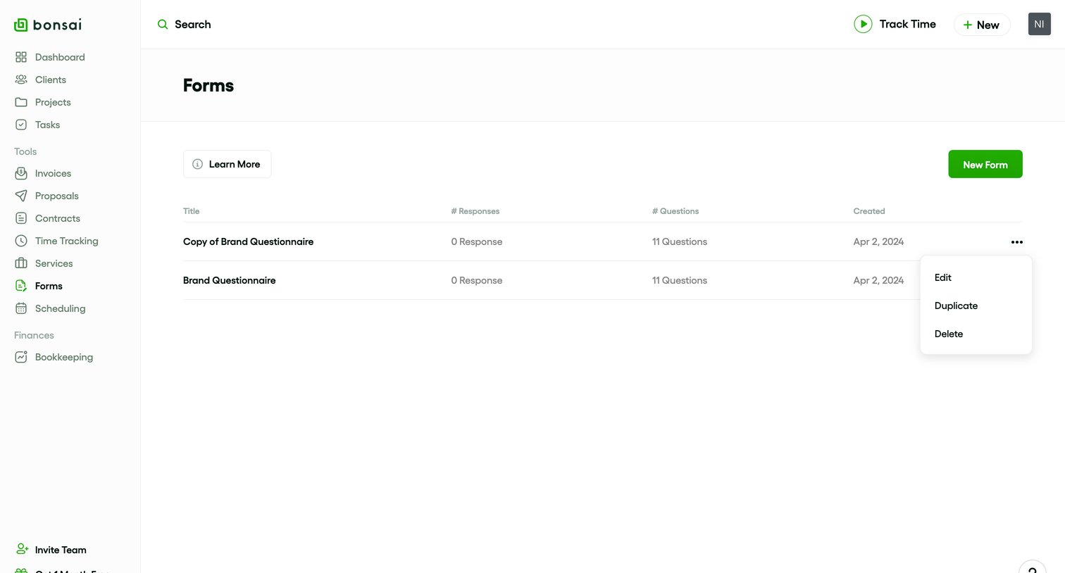 Bonsai - Client Forms - Bonsai screen
