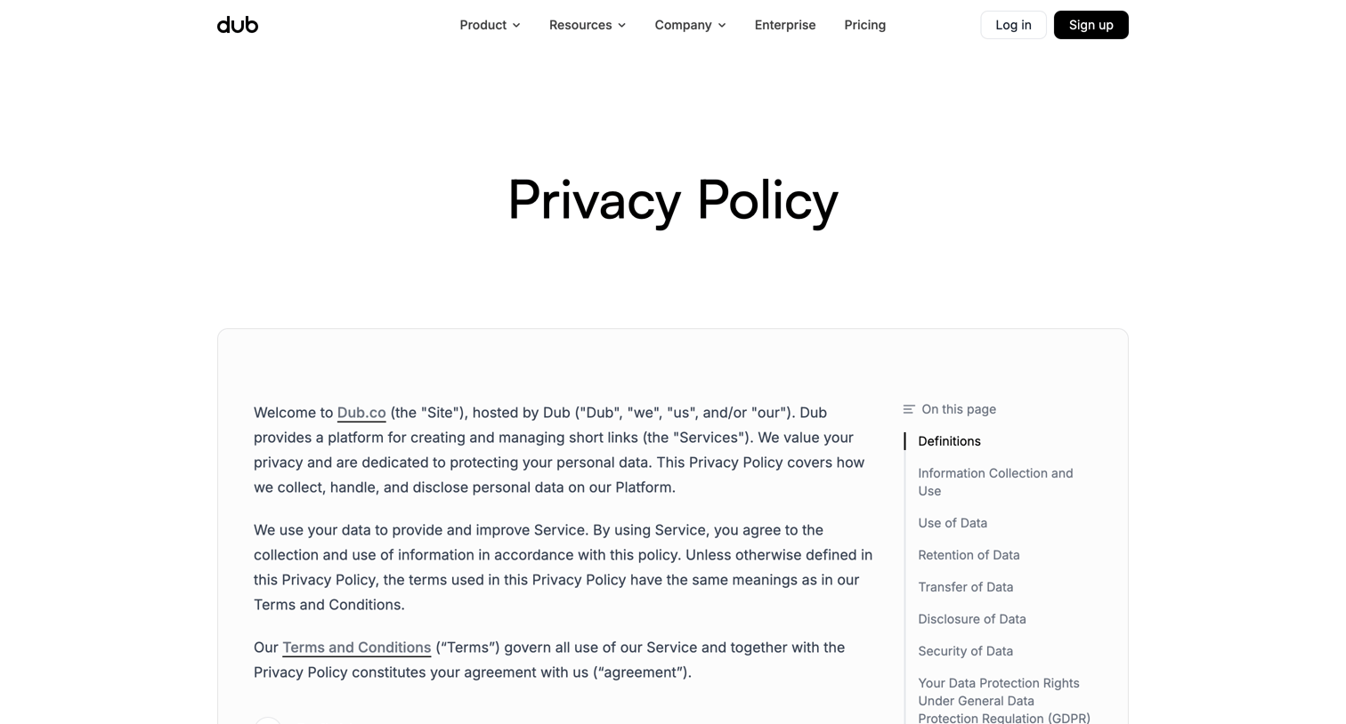 Dub - Privacy Policy | Dub.co screen