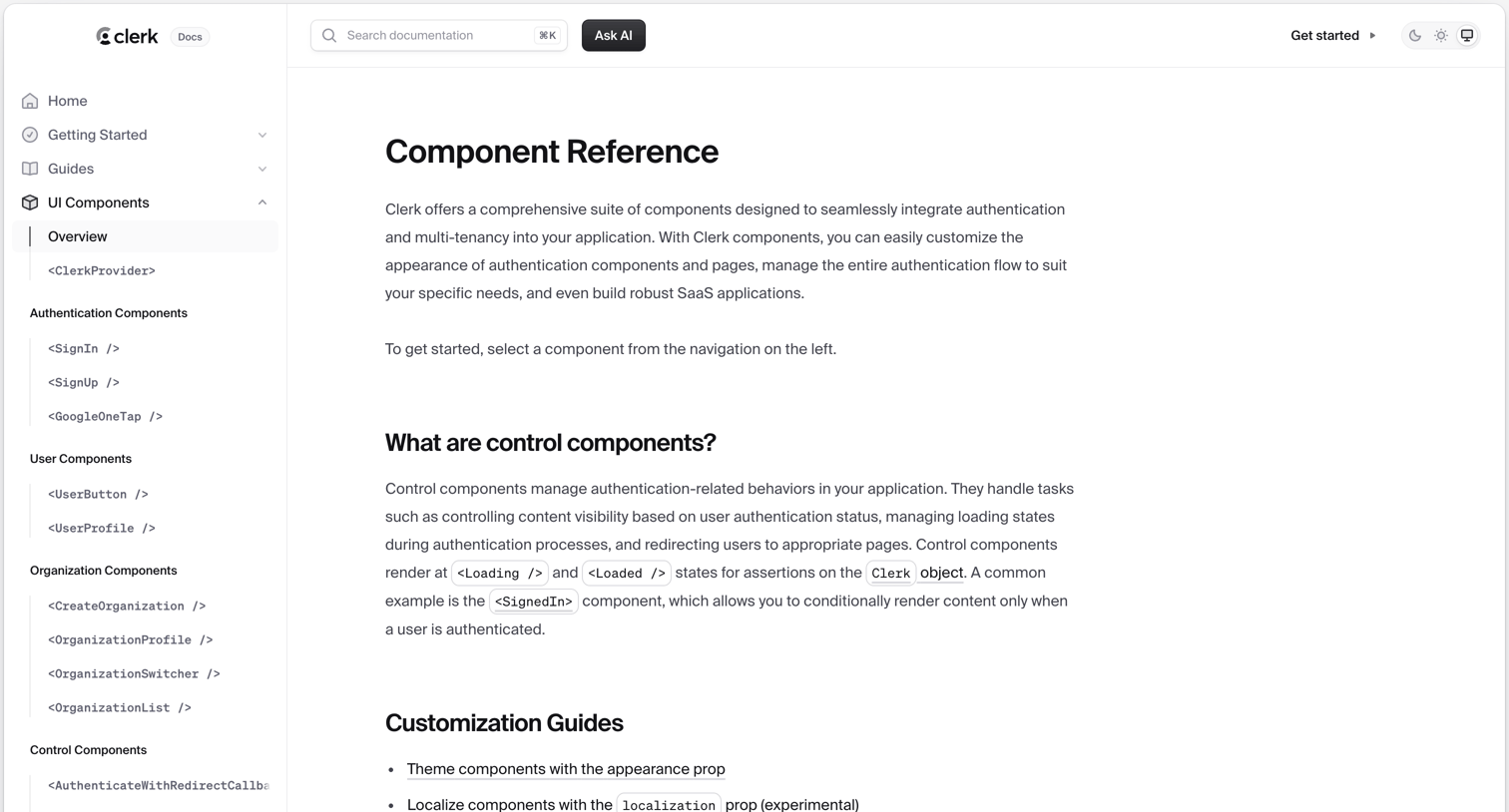 Clerk - Component Reference screen