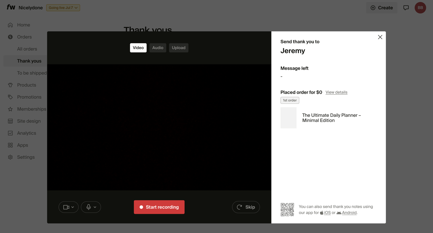 Fourthwall - Thank yous – Dashboard screen