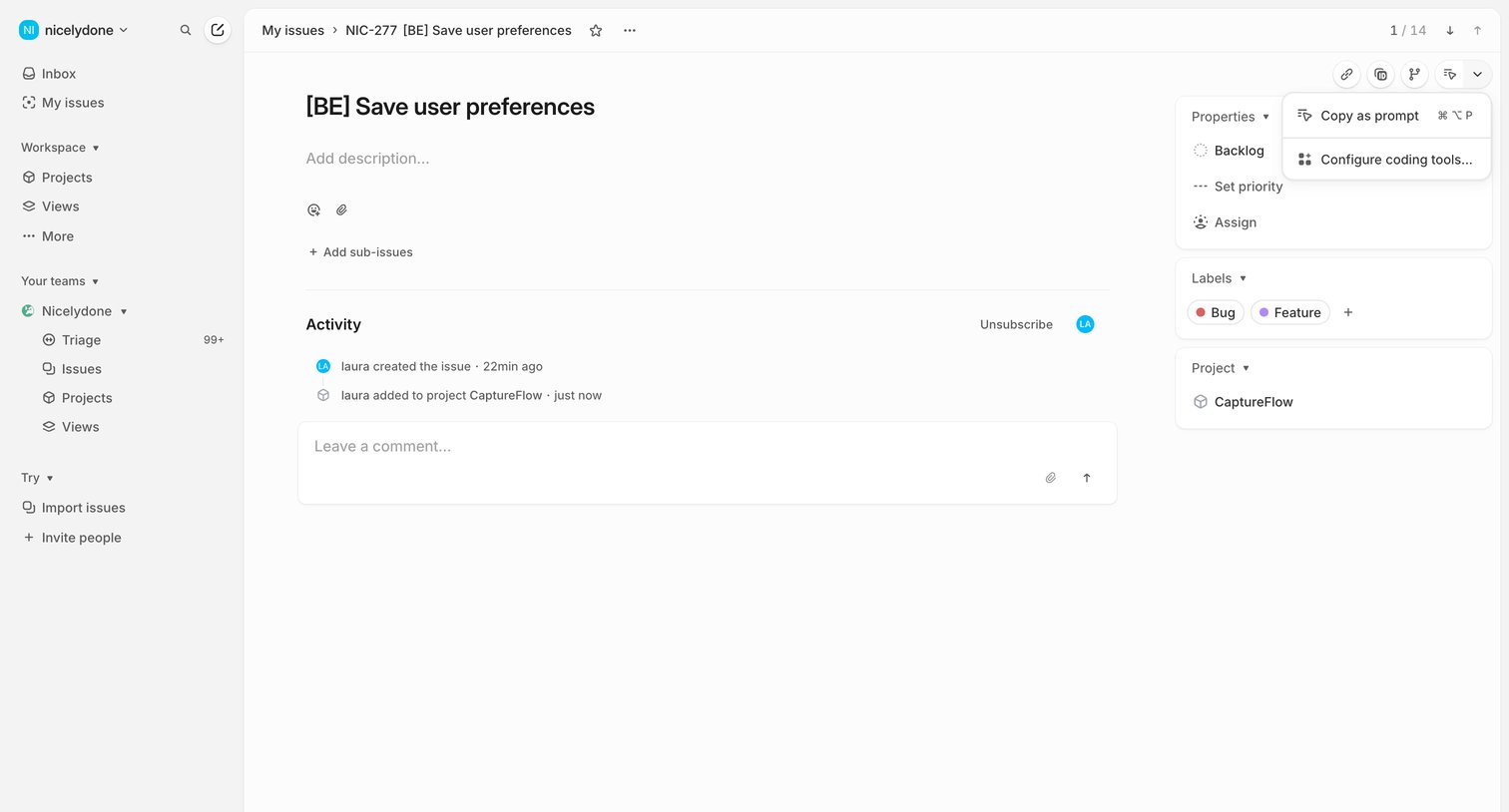Linear - NIC-277 [BE] Save user preferences screen