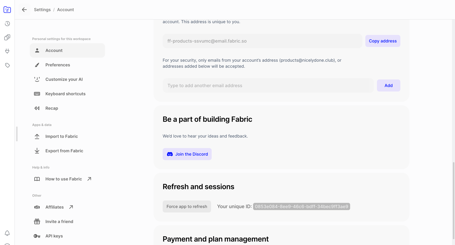 Fabric - Fabric | Account screen