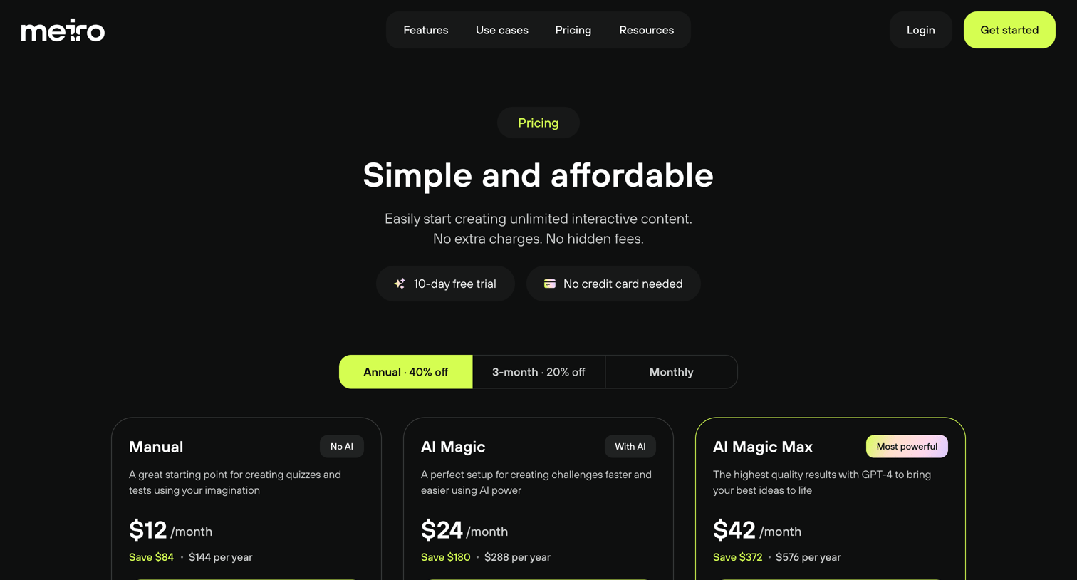 Meiro - Pricing · Meiro screen