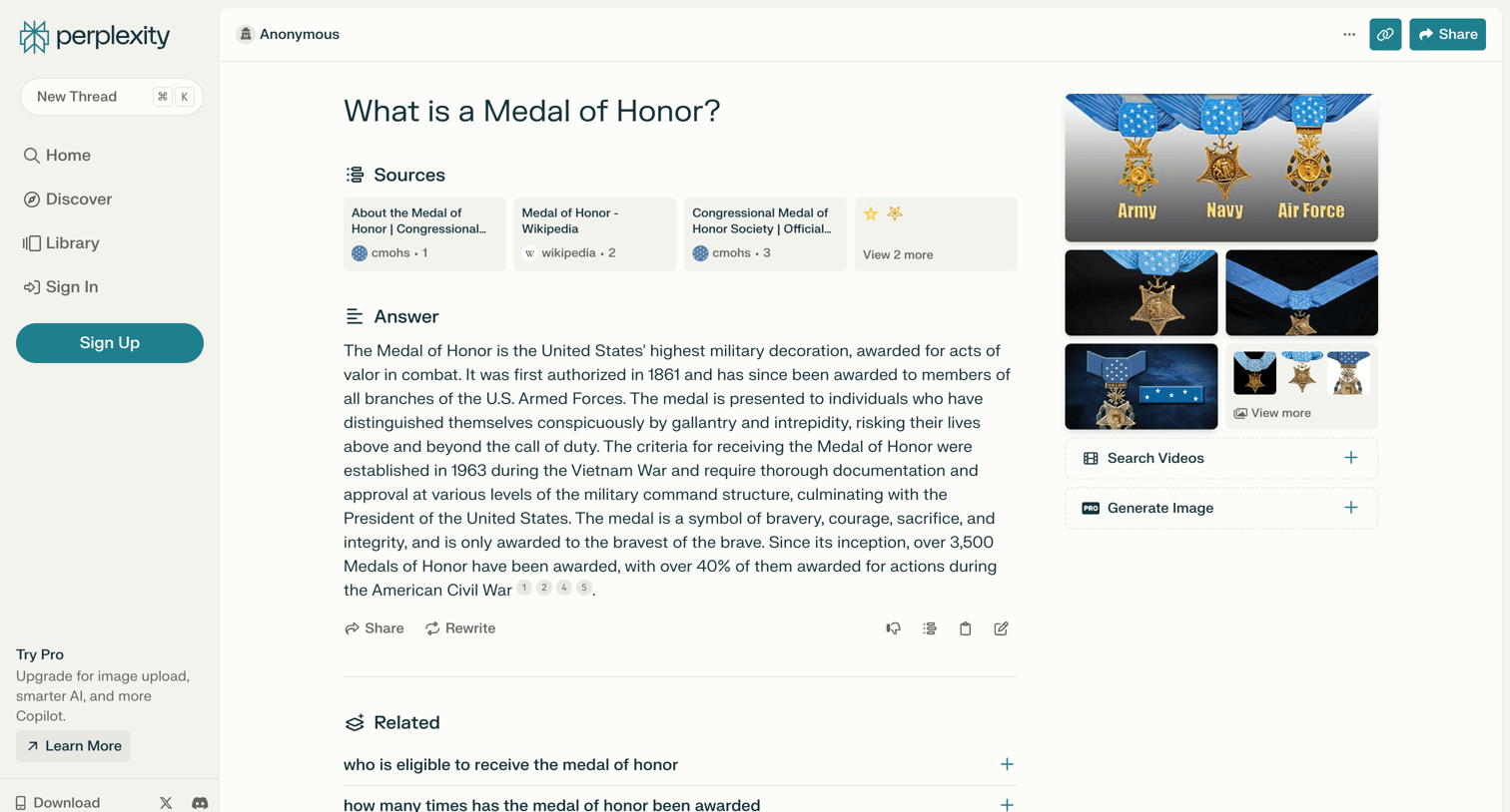 Perplexity - What is a Medal of Honor screen