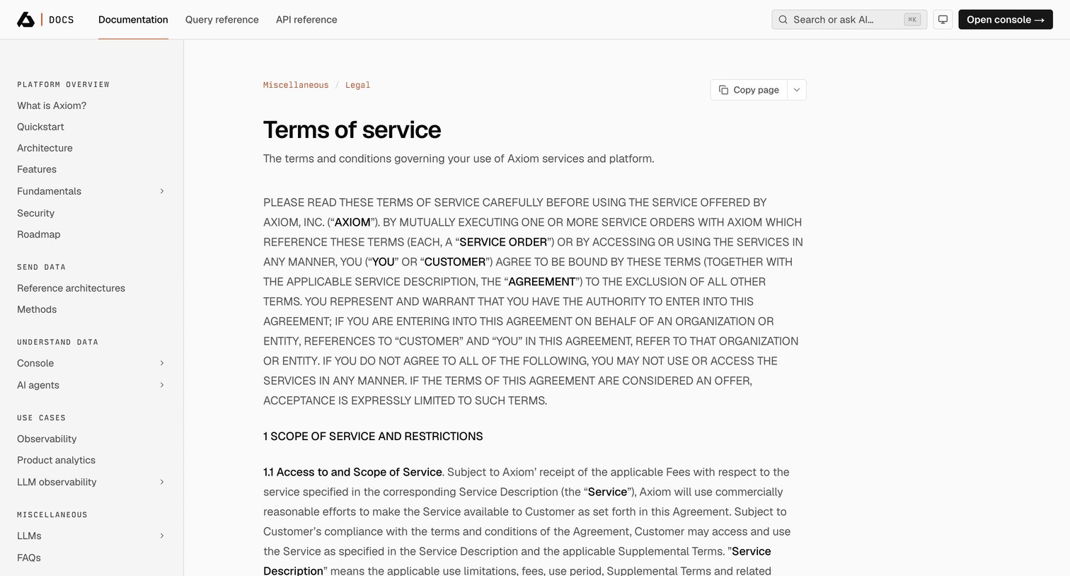 Axiom - Terms of service | Axiom Docs screen