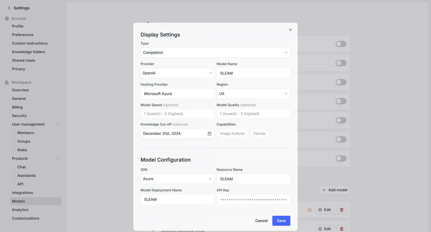 Langdock - Settings screen