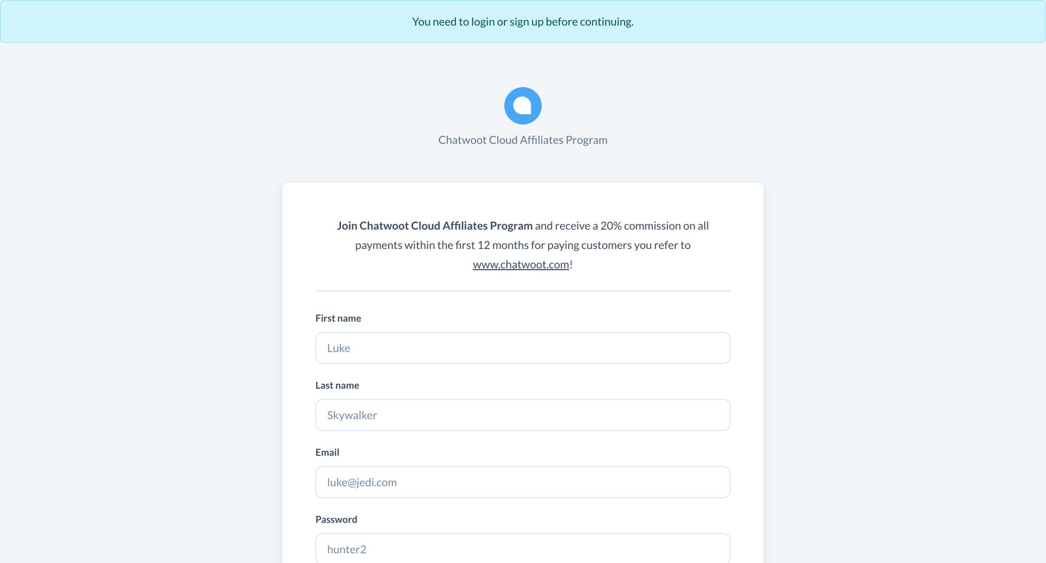 Chatwoot - Chatwoot Inc Sign up screen