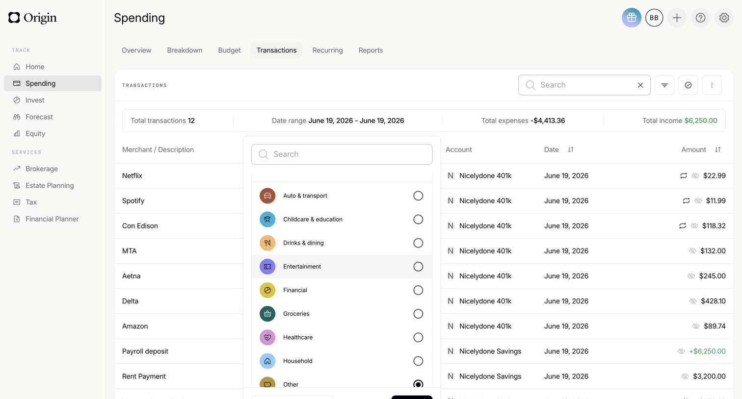 Origin Financial screen
