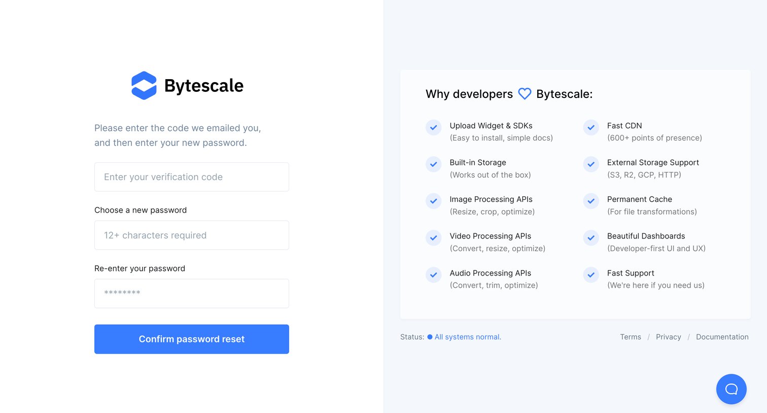 Bytescale - Choose a New Password | Bytescale screen