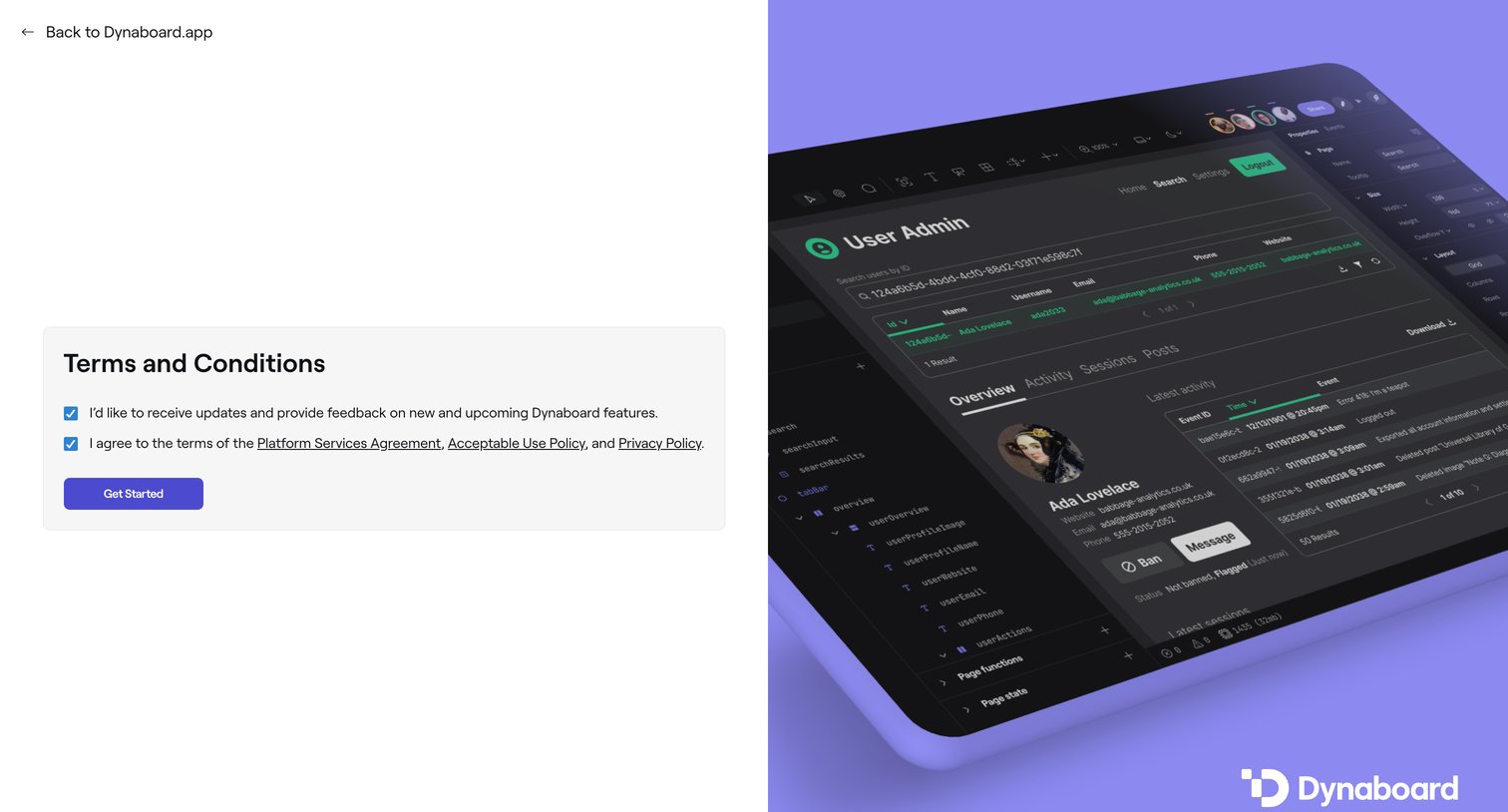 Dynaboard - Terms of Service • Dynaboard screen