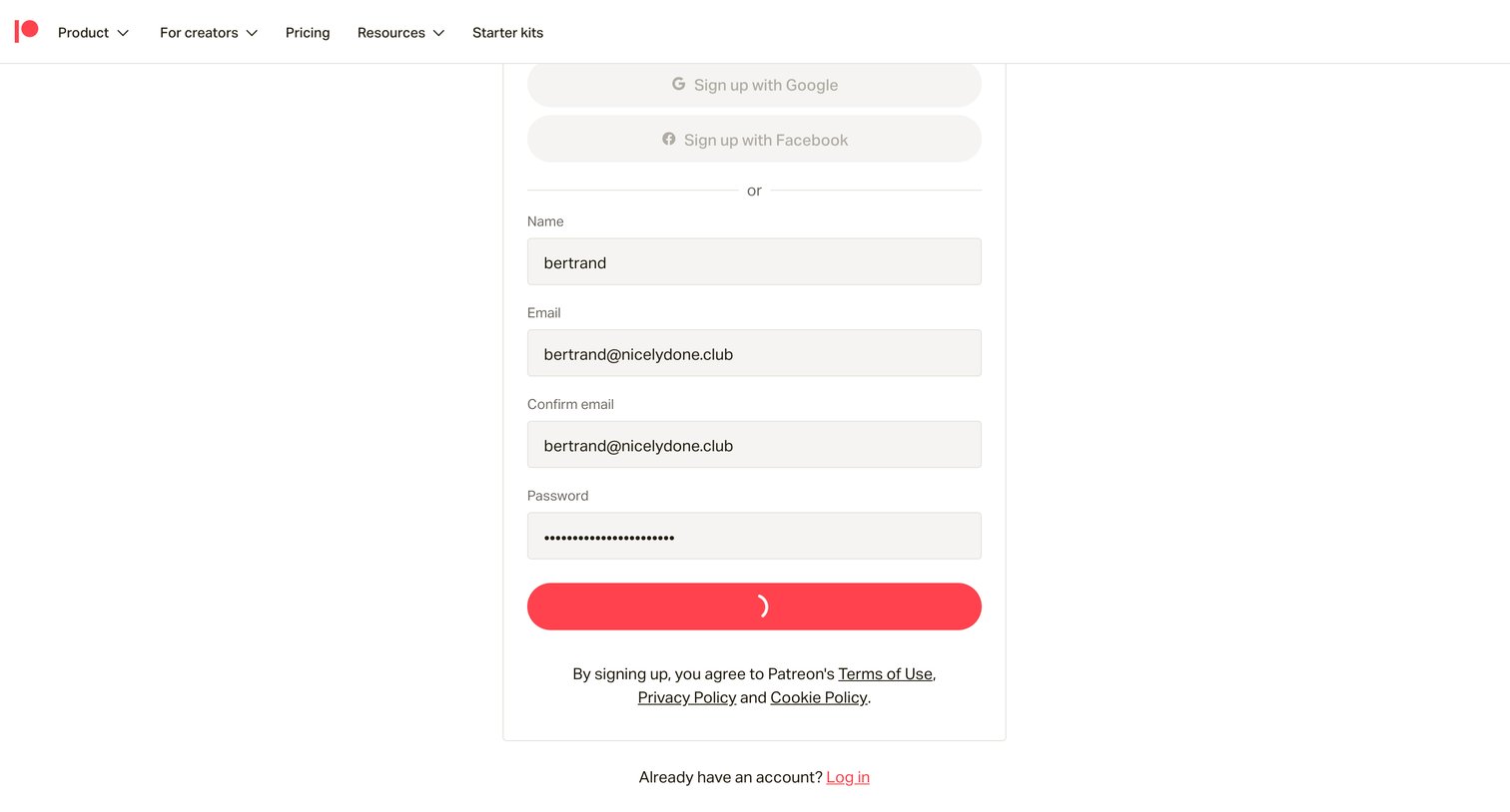 Patreon - Sign Up | Patreon screen