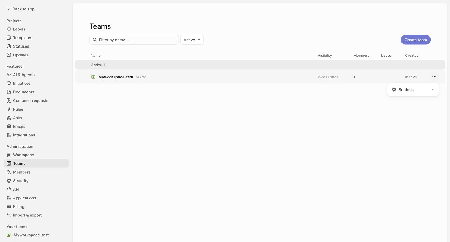 Linear - Teams screen