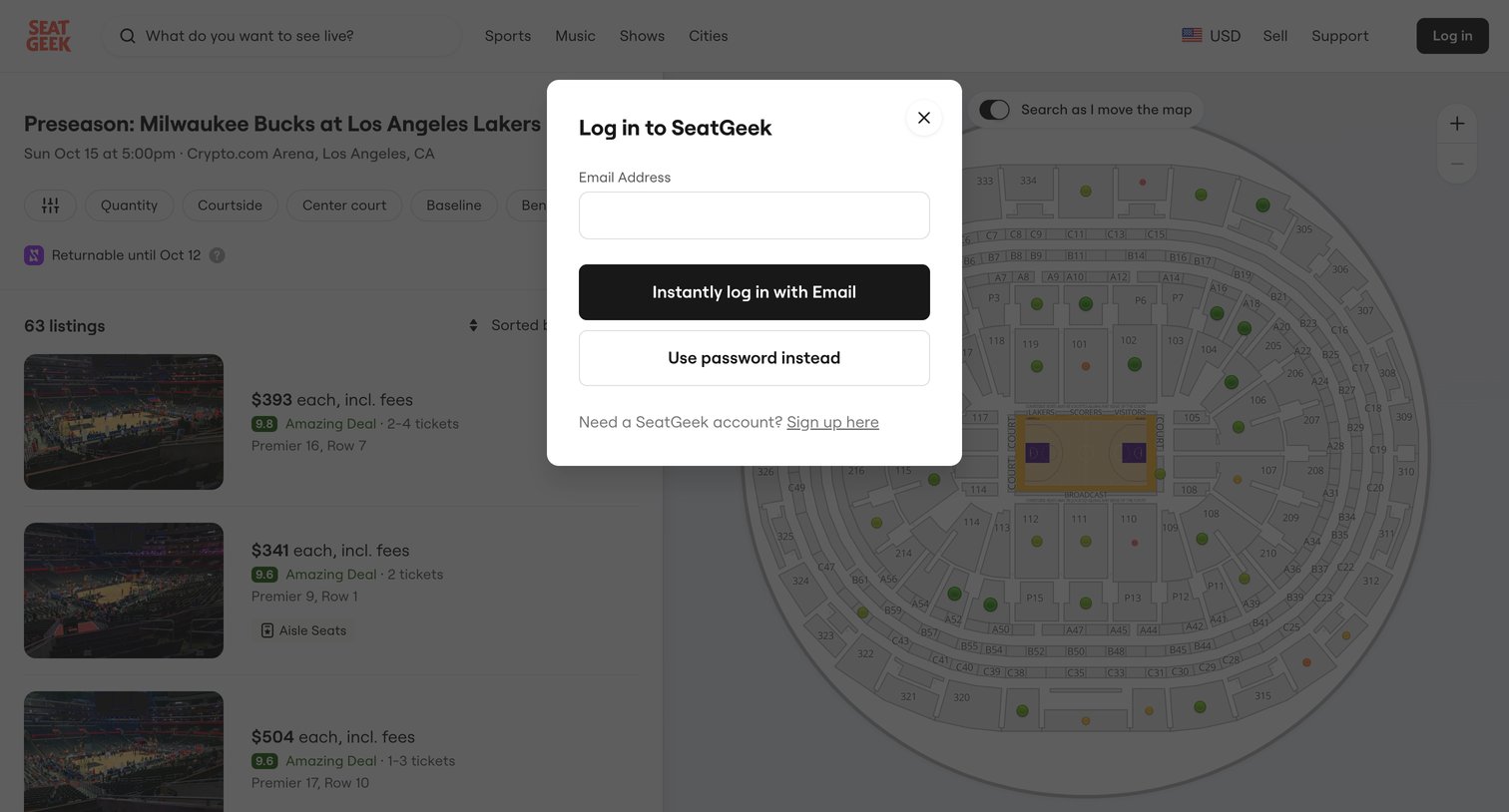 SeatGeek - Preseason Bucks at Lakers Tickets in Los Angeles Crypto.com Arena screen