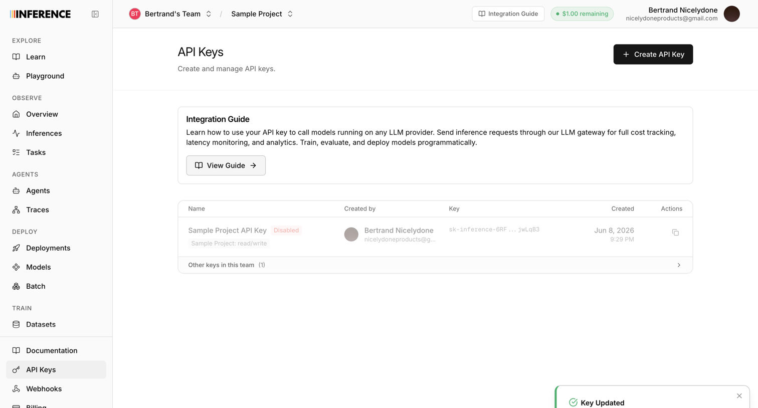 Inference - Dashboard | inference.net screen