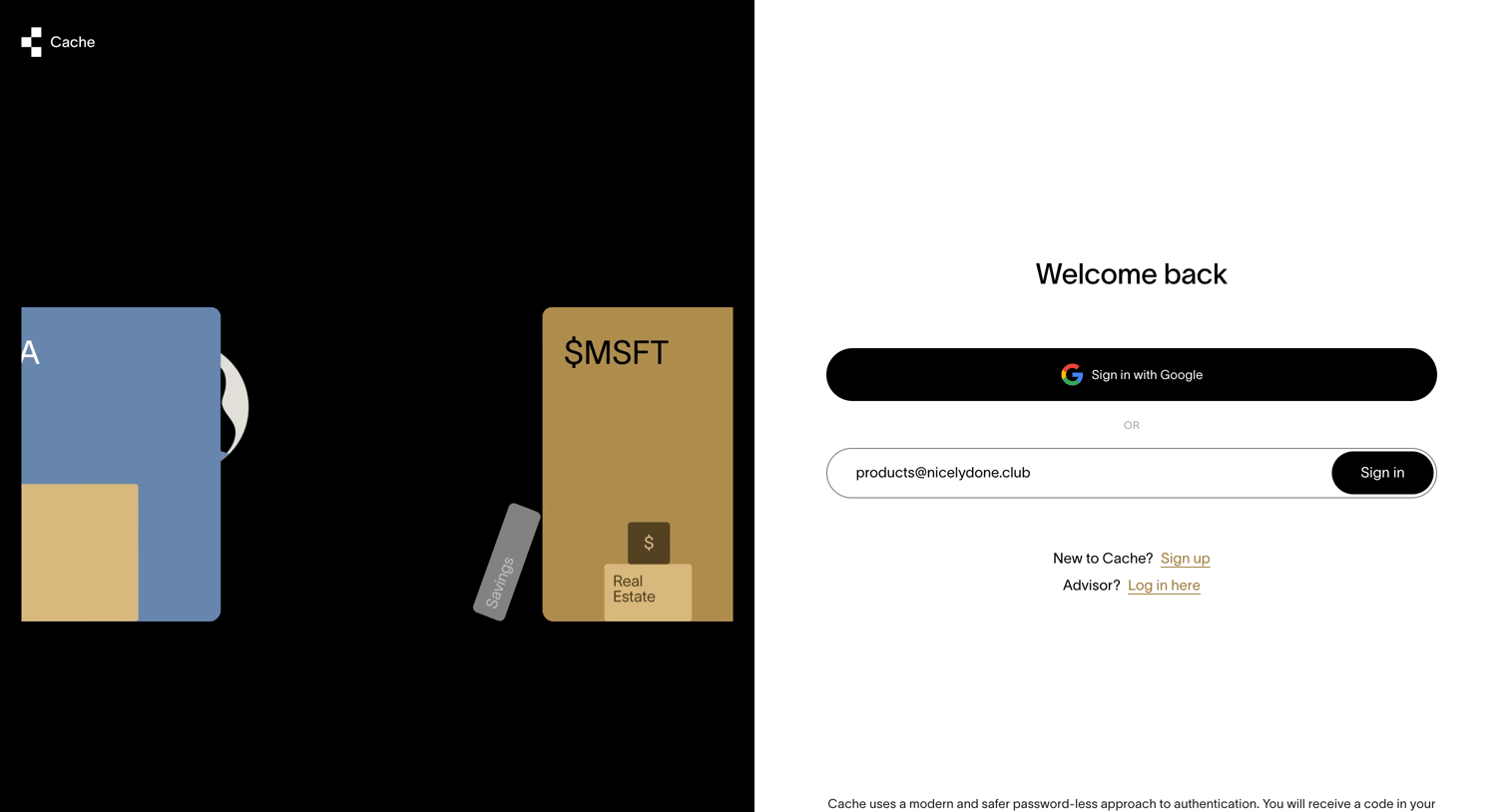 Cache - Cache – Log in screen