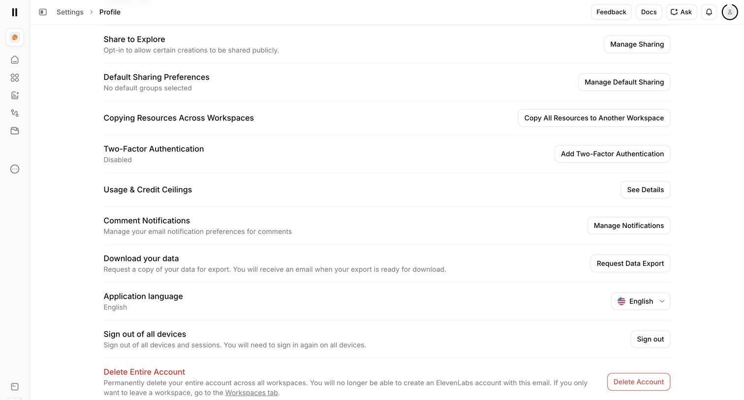 Elevenlabs - Settings | ElevenLabs screen