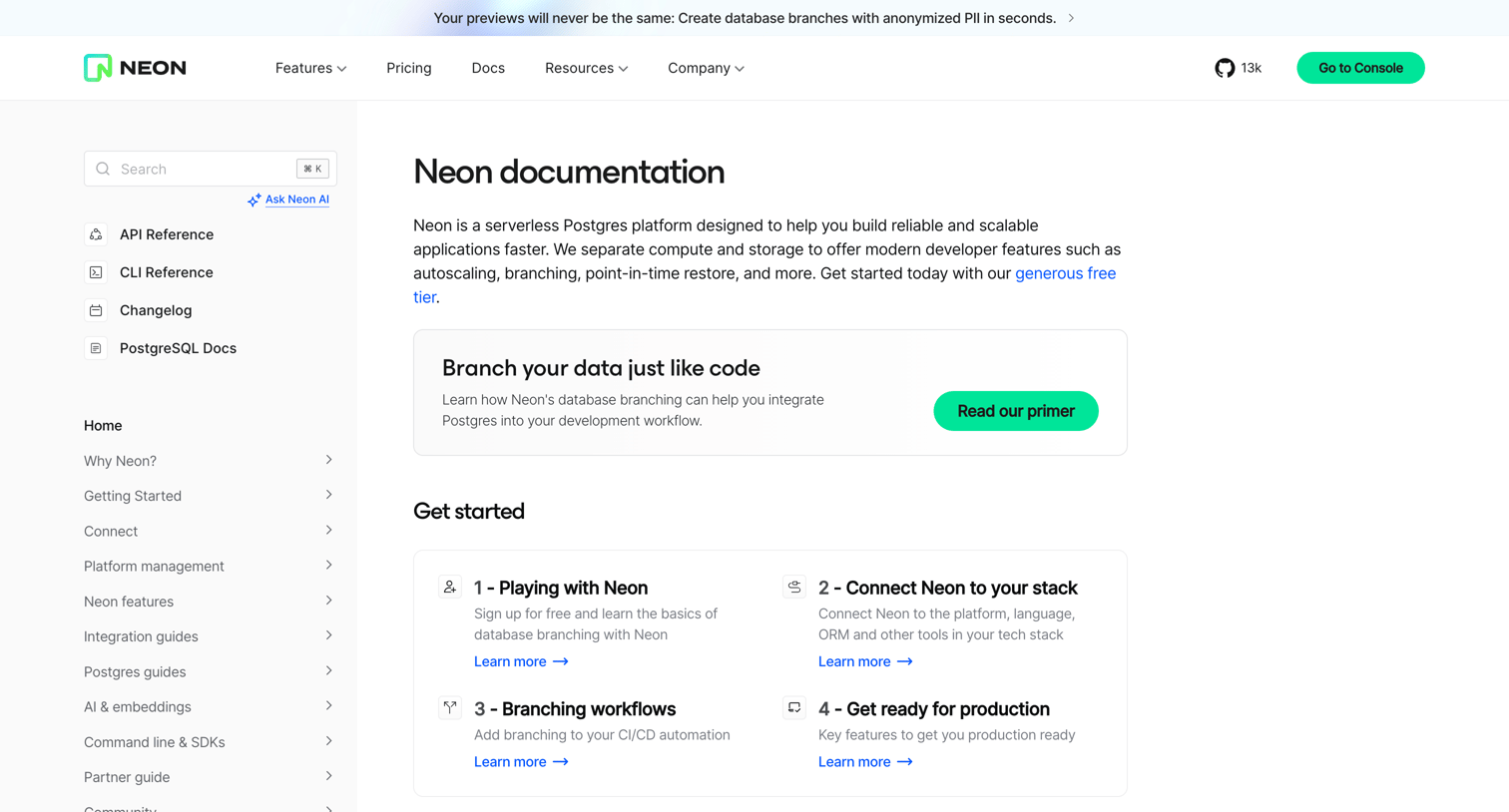 Neon - Neon documentation - Neon Docs screen