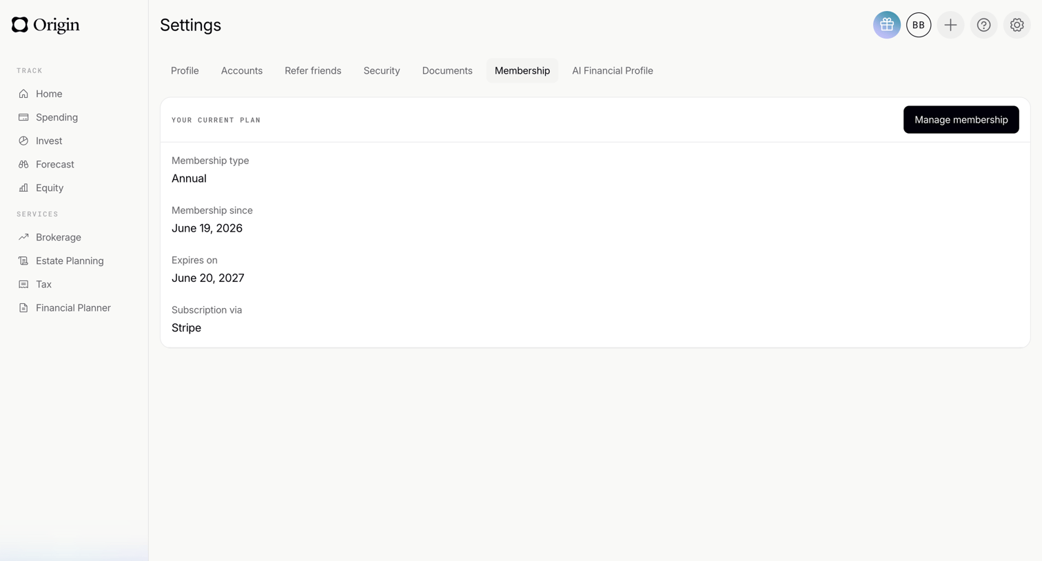 Origin Financial screen