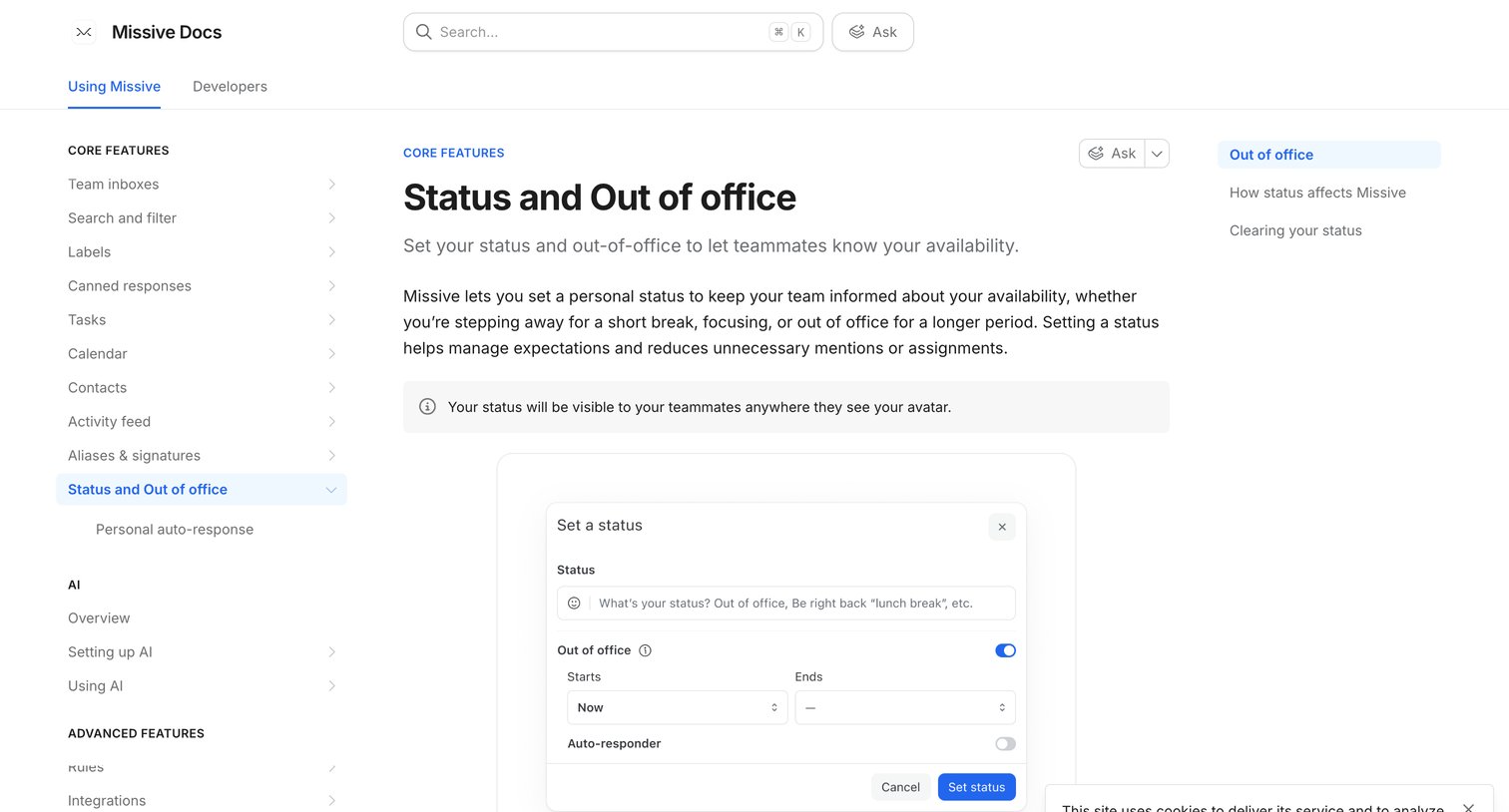 Missive - Status and Out of office  Missive Docs screen