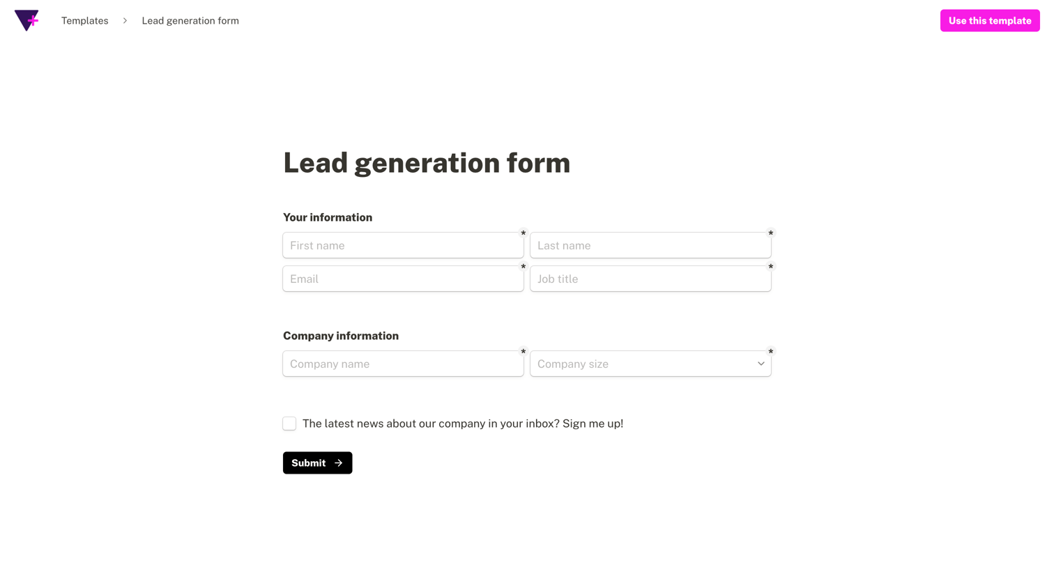 Tally - Lead generation form - Tally form template screen
