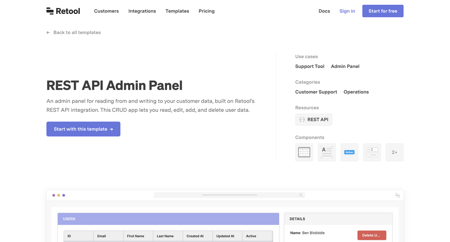 Retool - REST API Admin Panel Template | Retool screen
