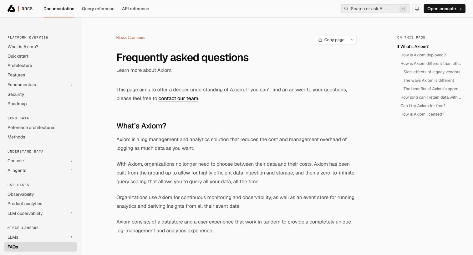 Axiom - Frequently asked questions | Axiom Docs screen