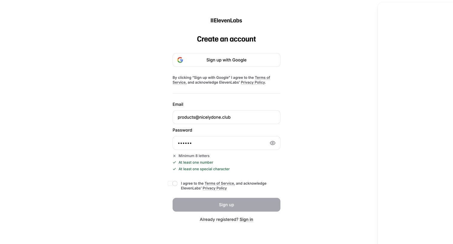 Elevenlabs - Sign Up | ElevenLabs screen