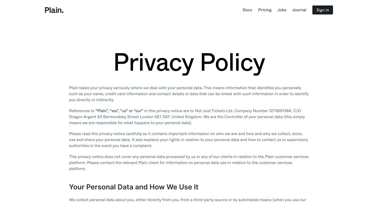 Plain - Privacy Policy - Plain - CS for technical teams screen