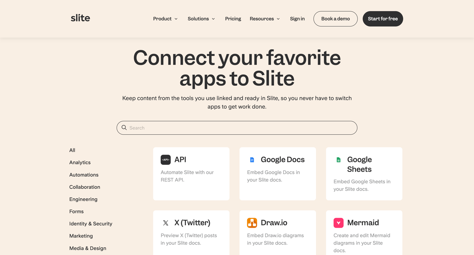 Slite - Integrations screen