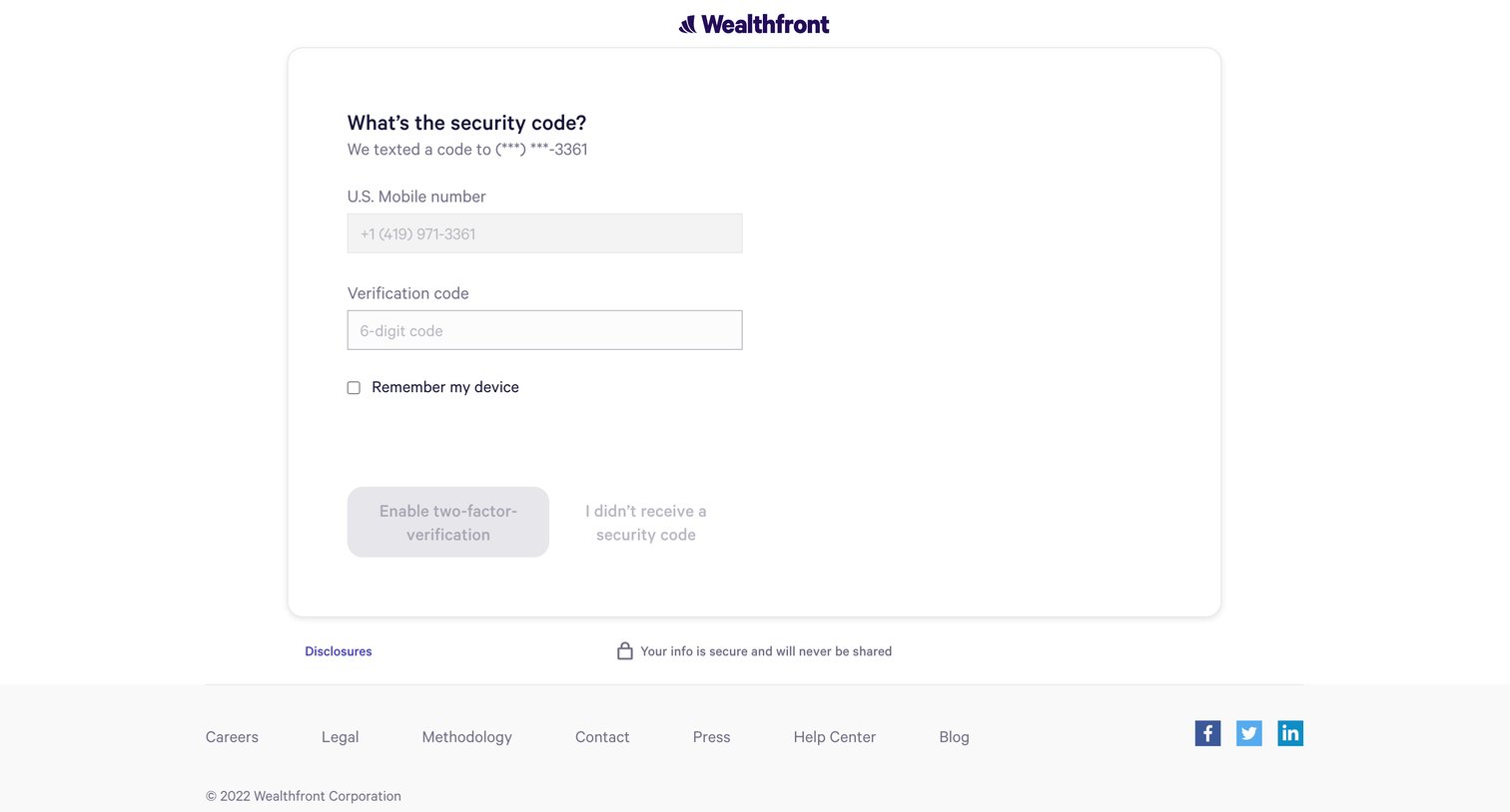 Wealthfront - Two-factor Verification - Wealthfront screen