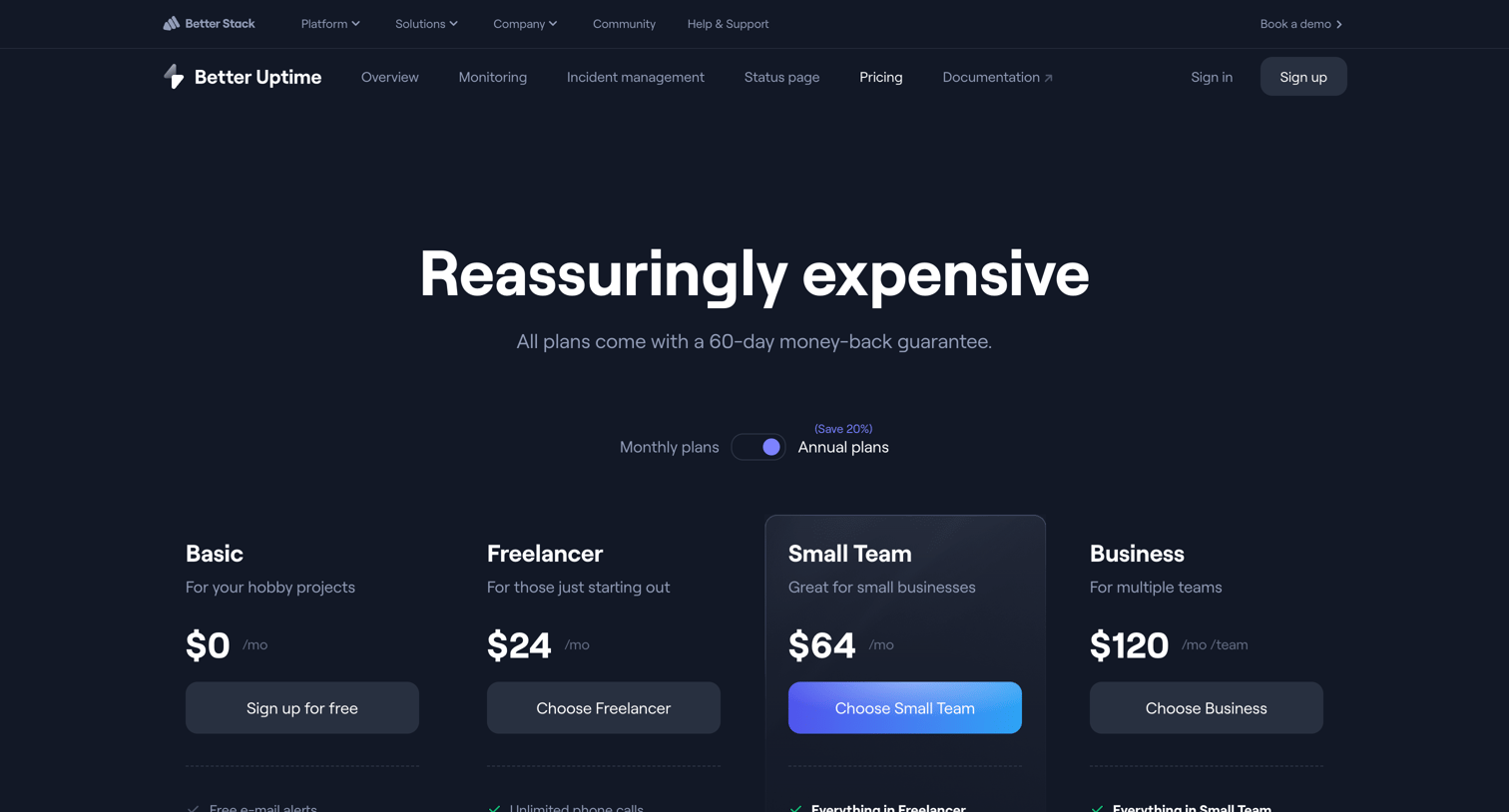 Better Stack - Pricing | Better Uptime screen