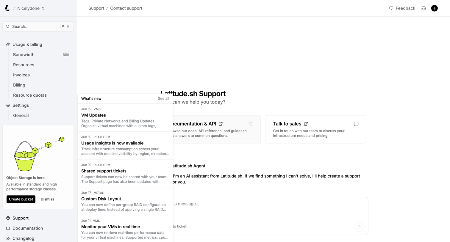 Latitude.sh - Contact support – Dashboard - Latitude.sh screen