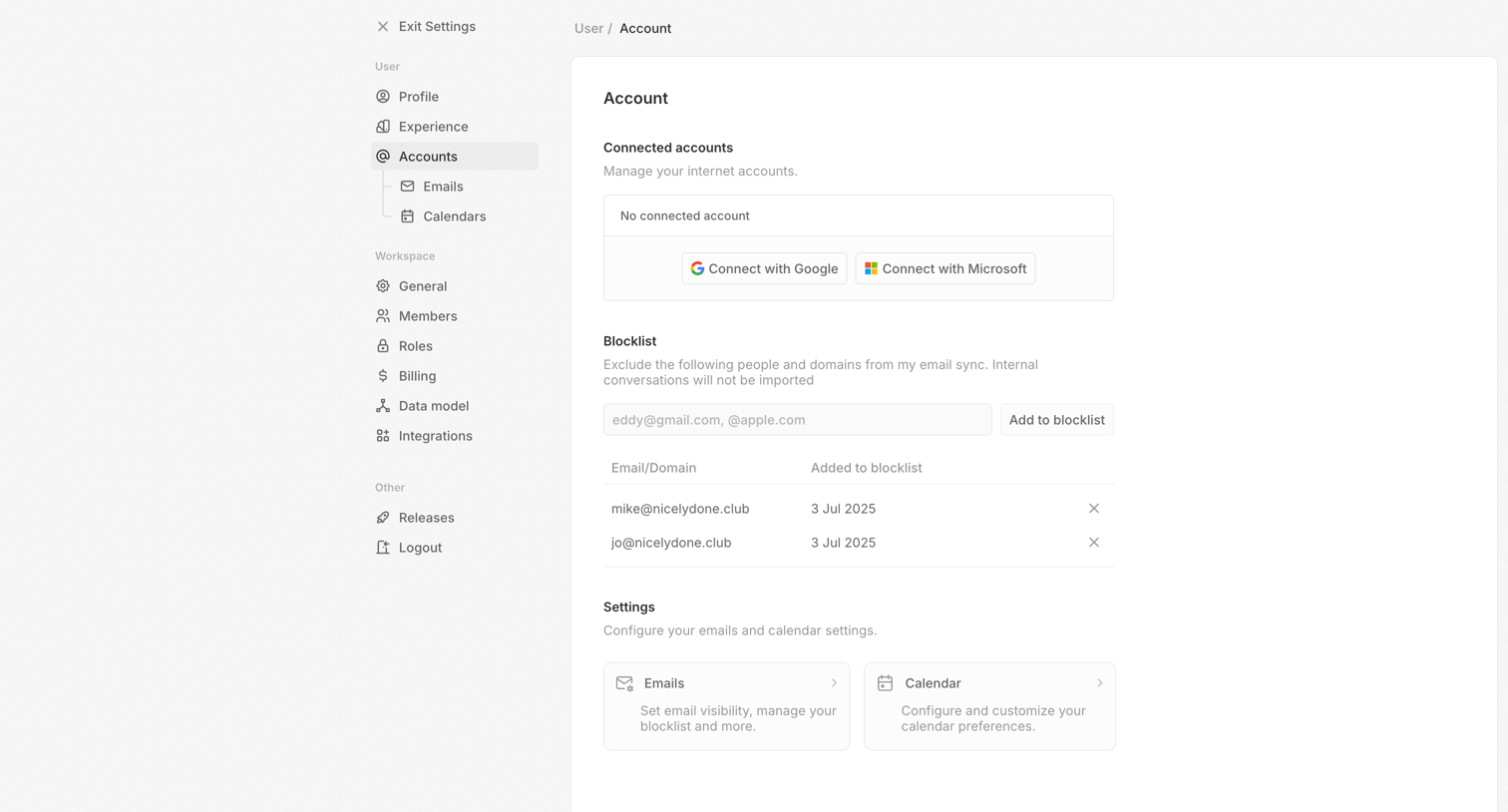 Twenty - Account - Settings screen