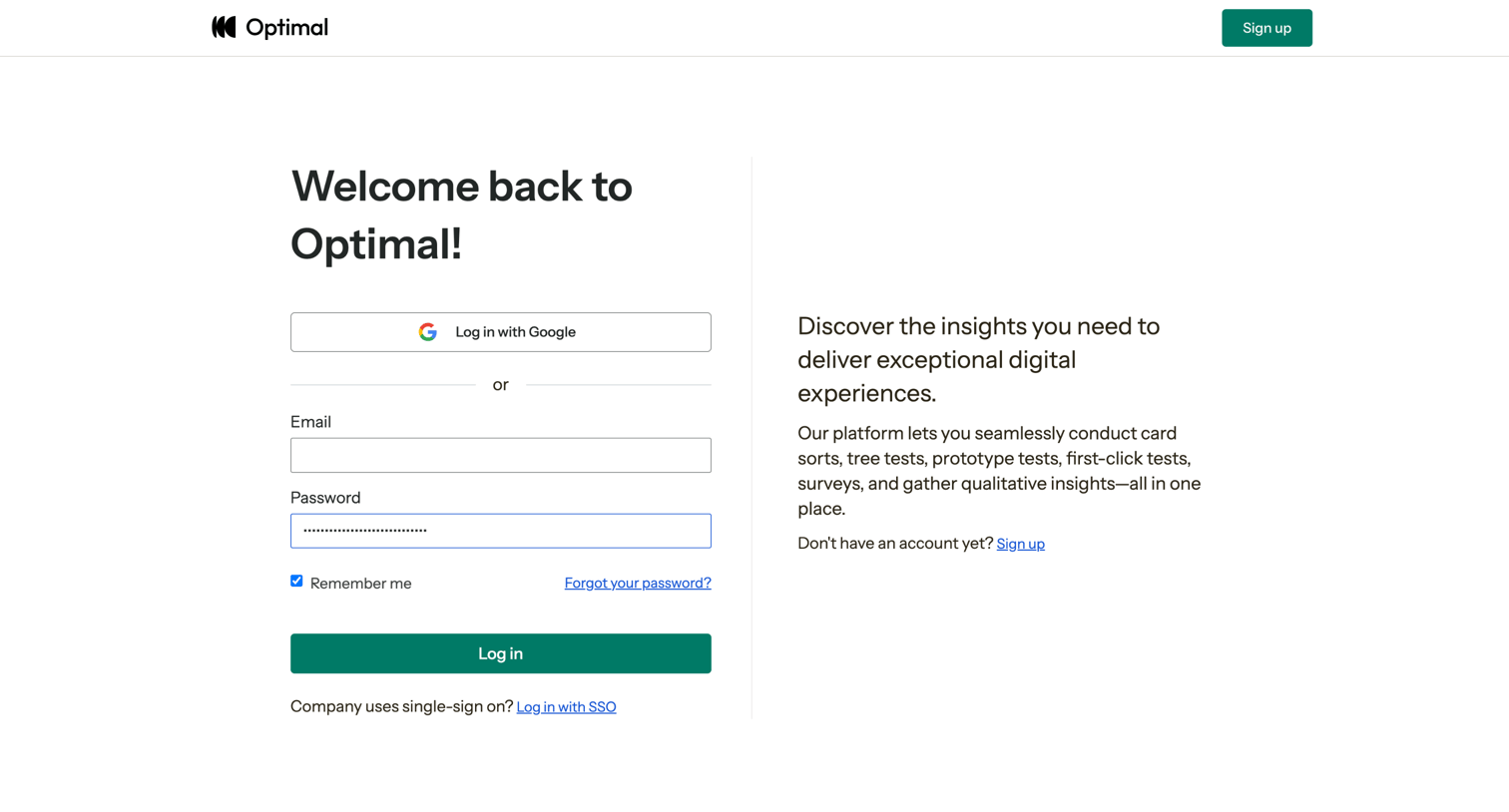 Optimal - Log In | Optimal Workshop screen