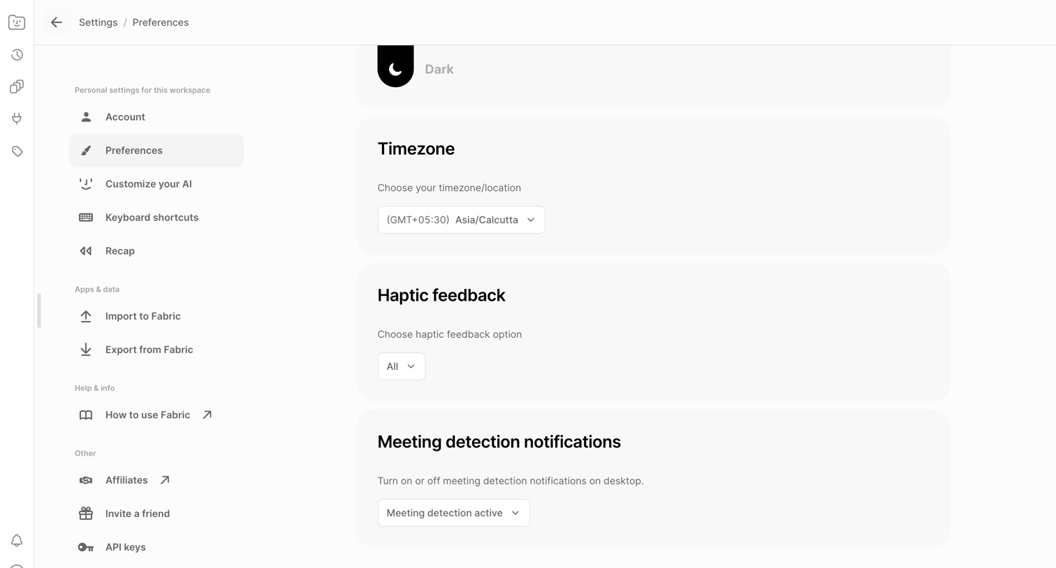 Fabric - Fabric | Preferences screen
