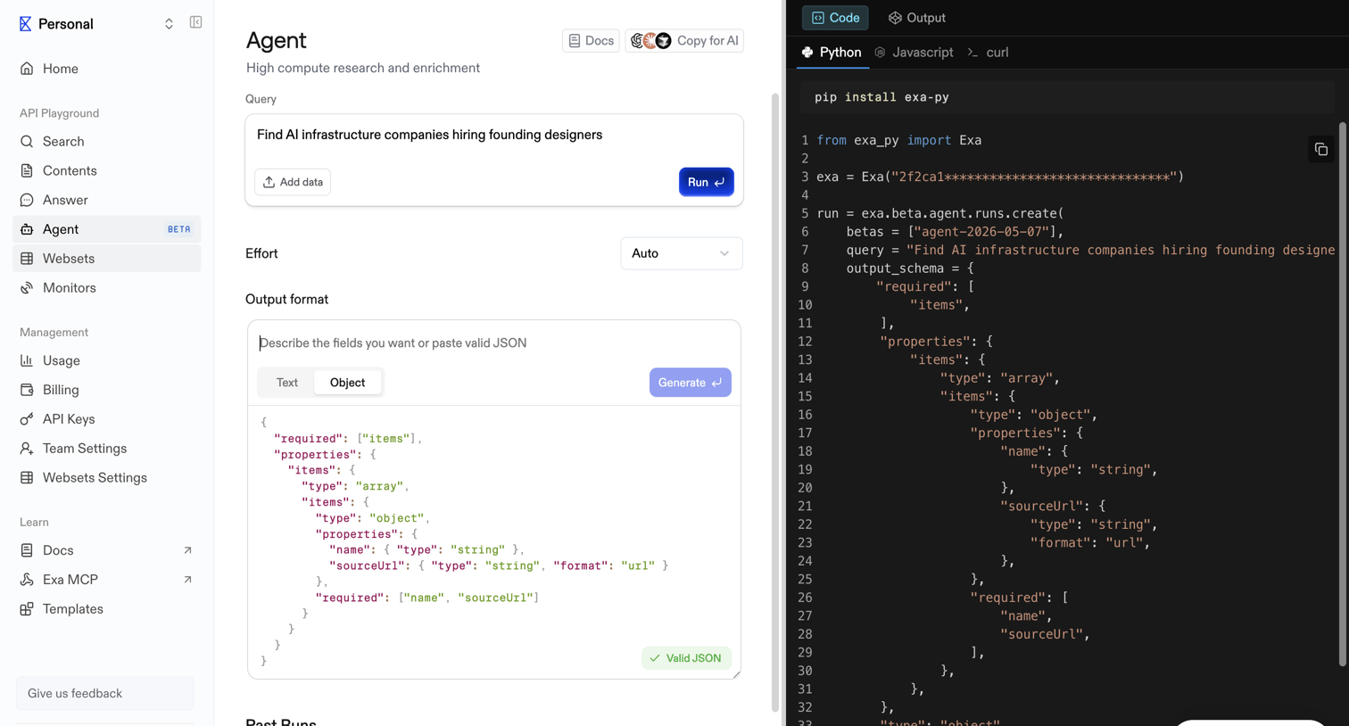 Exa - Playground | Exa API screen