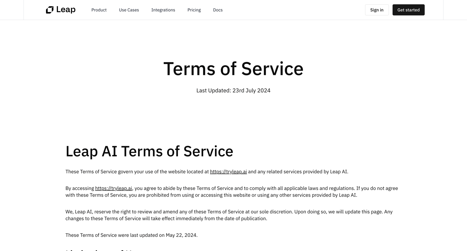 Leap - Terms of Service | Leap AI screen