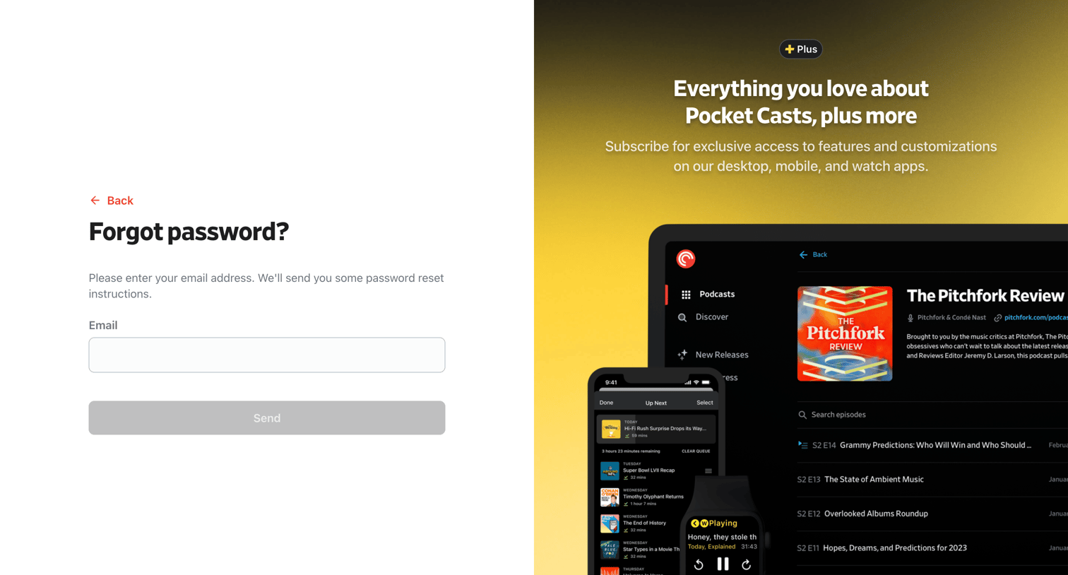 Pocket Casts - Forgot Your Password? - Pocket Casts screen