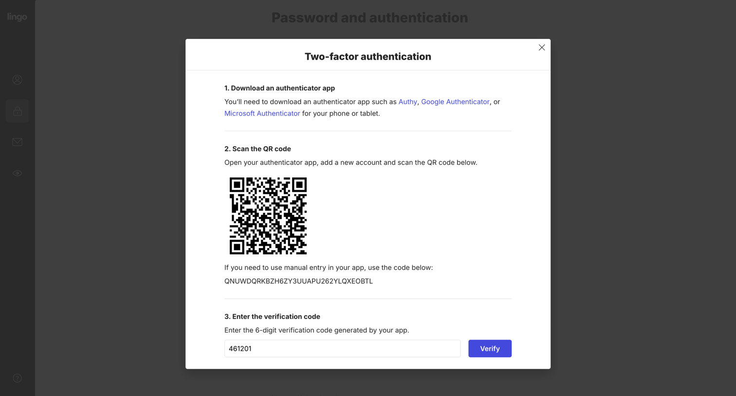 Lingo - Account settings screen