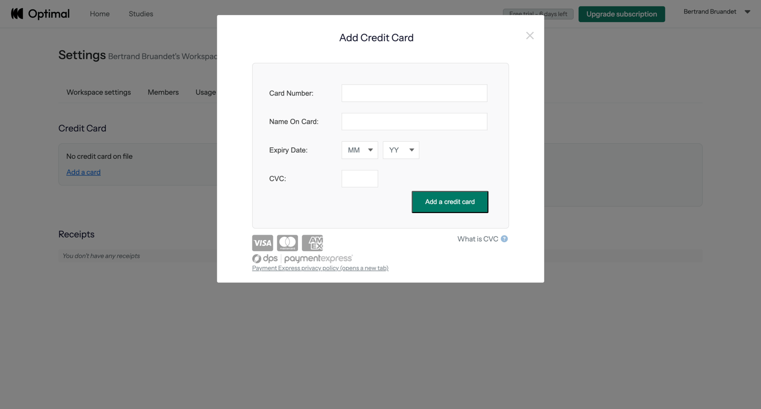 Optimal - My account | Optimal Workshop screen