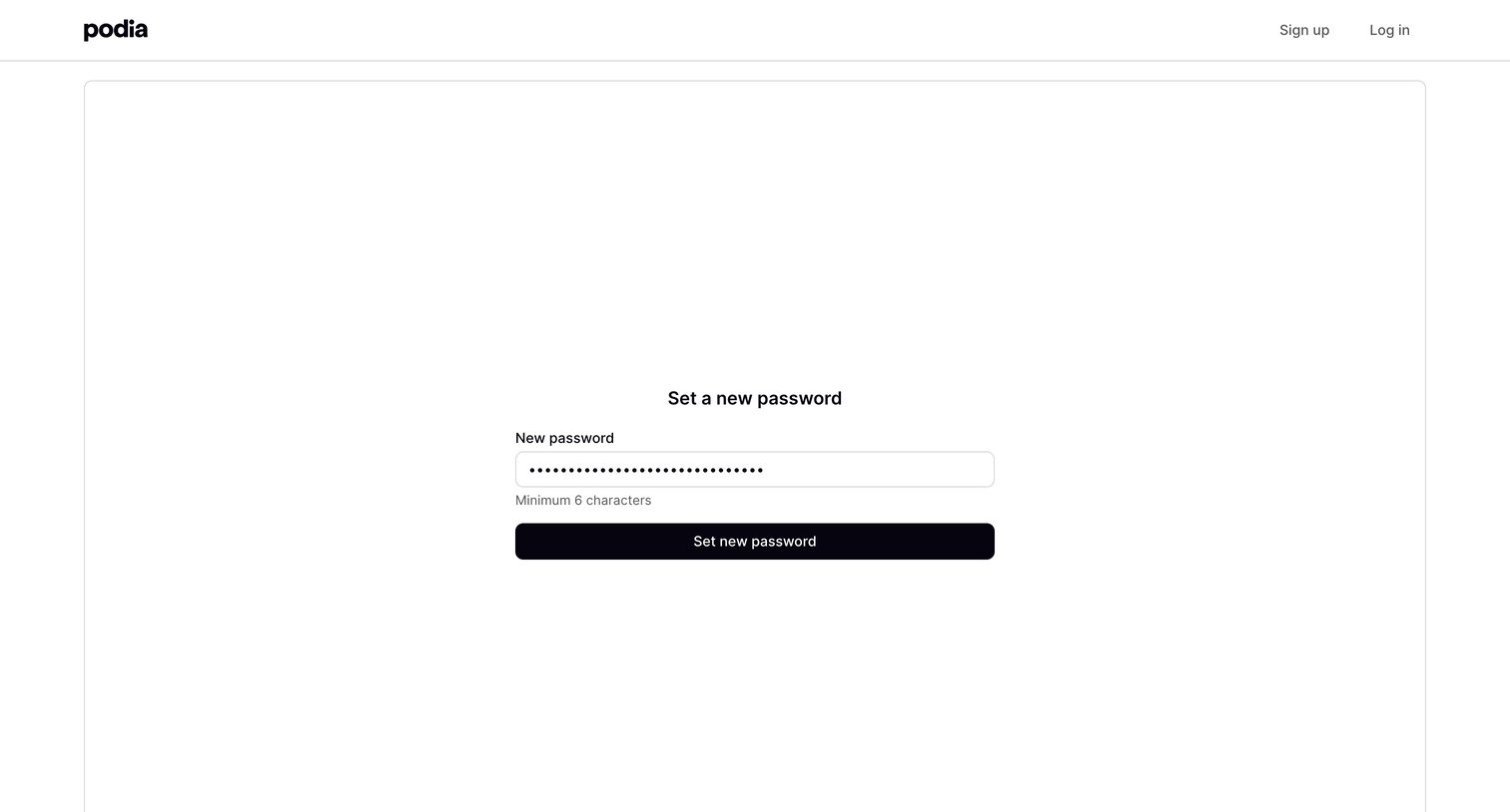Podia - Podia Reset password screen