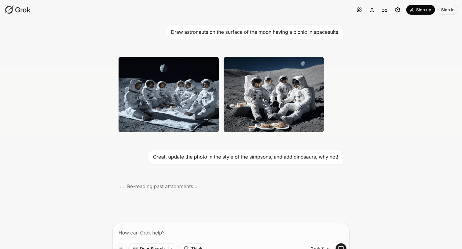 Grok - Astronauts' Moon Picnic in Spacesuits - Grok screen