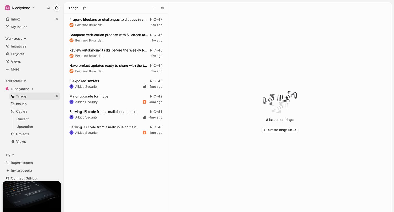 Linear - Nicelydone › Triage (8) screen