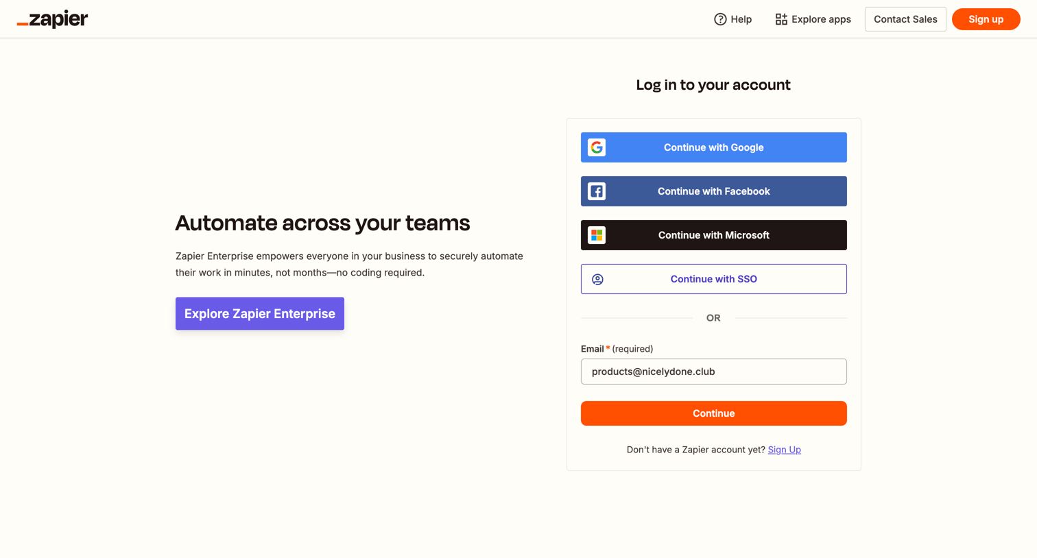 Zapier - Login | Zapier screen