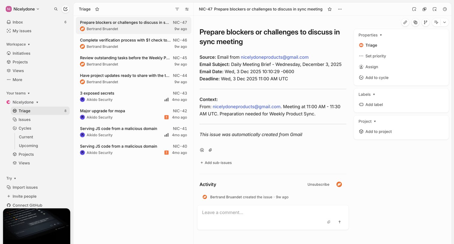 NIC-47 Prepare blockers or challenges to discuss in sync meeting from Linear