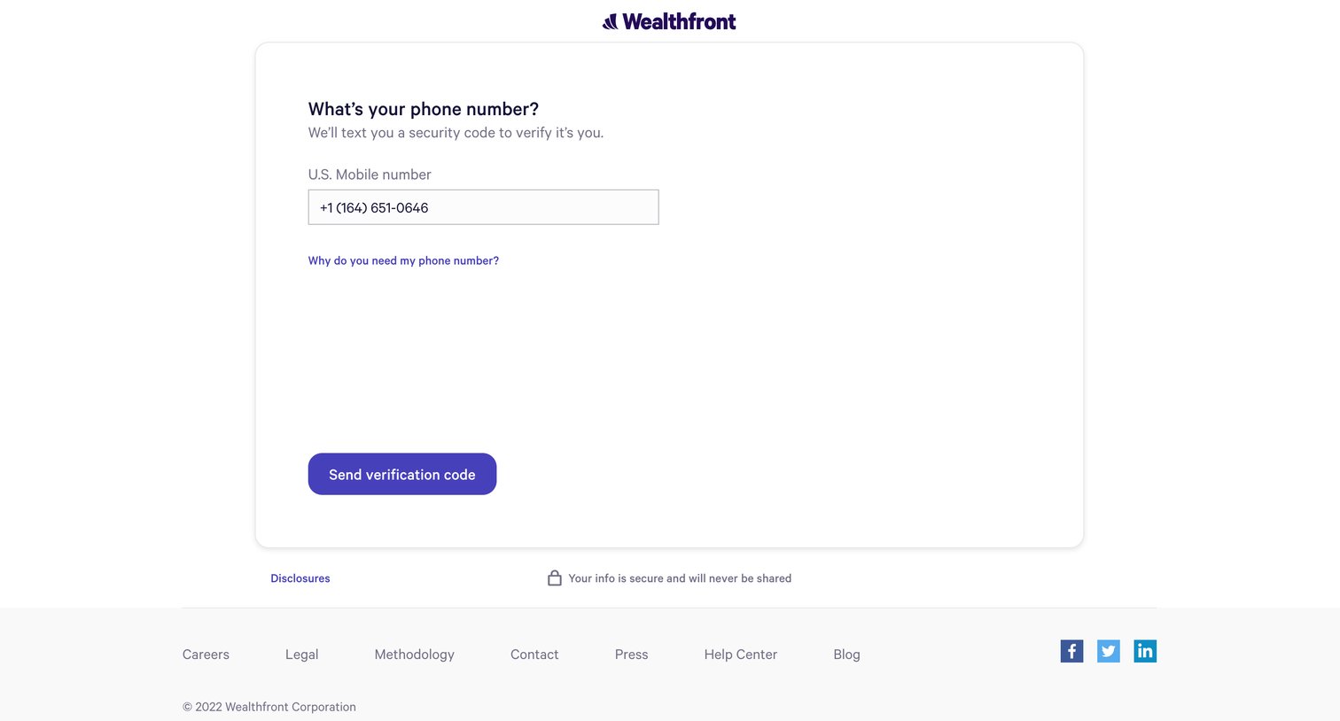 Wealthfront - Two-factor Verification - Wealthfront screen