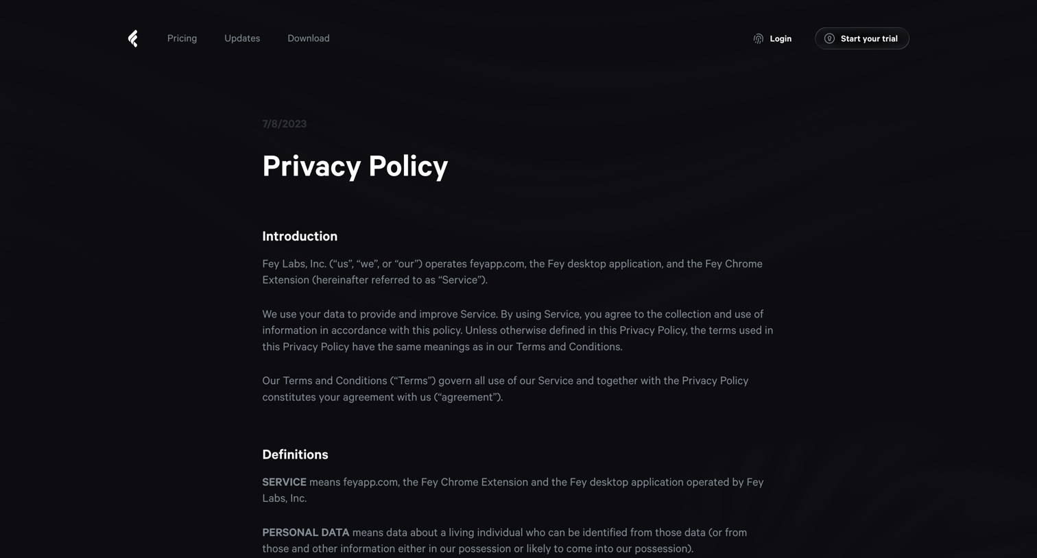 Fey - Fey | Privacy Policy screen