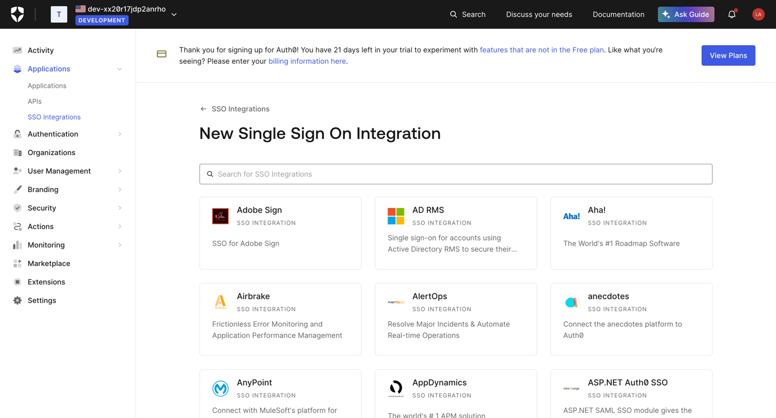 Auth0 - SSO Integrations Create screen