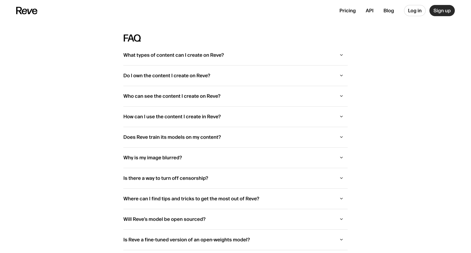 Reve - Reve Image - Frequently Asked Questions screen