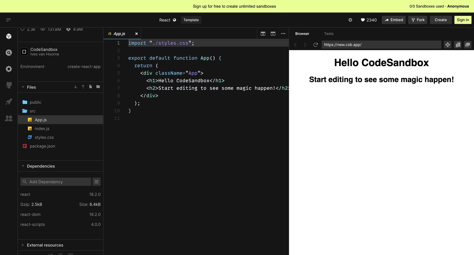 CodeSandbox - React - CodeSandbox screen